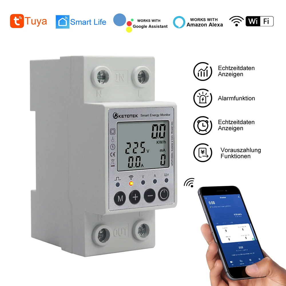 63A 220V Wifi Tuya Smart Energy Meter Din Rail Wattmeter Electrical Power Meter Wattage Kwh Comsunption Meter Single Phase