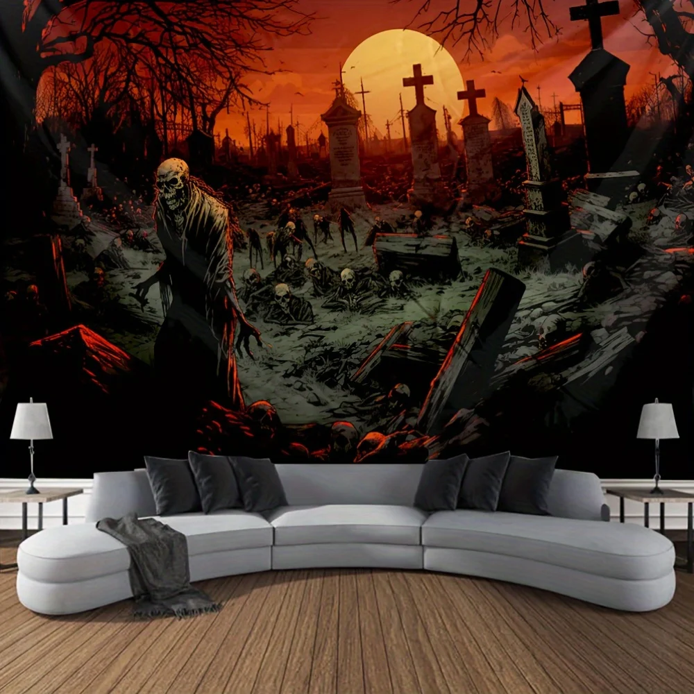 Antique Halloween Horror Tapestry - Eerie Graveyard Zombie Scene Wall Hanging, Perfect for Halloween Night Party Decor