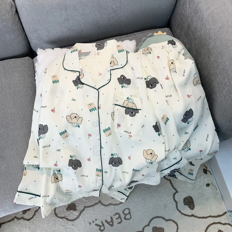

Y2K Outside Модный мягкий женский пижамный комплект для сна и отдыха Kawaii Cherry Dog с принтом, весенний новый дизайн с лацканами и воротником, домашняя одежда