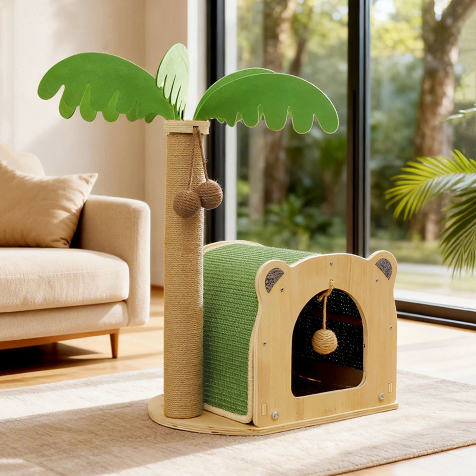 

Деревянная когтеточка для кошек в виде кокосовой пальмы с подвесными шариками, игрушка-когтеточка для домашних кошек и котят