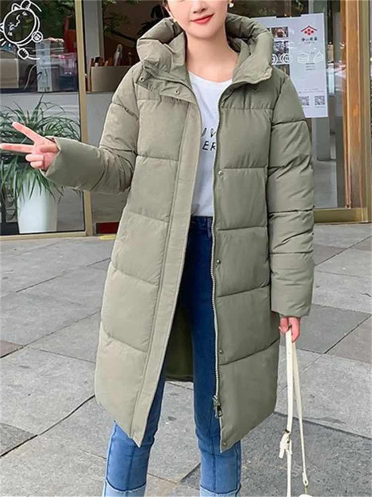 Imagem -05 - Parkas de Manga Comprida Feminina com Capuz Cabolsa Longo Grosso Quente Cabolsas Casuais Monocromáticos Moda Coreana Outono Inverno Novo