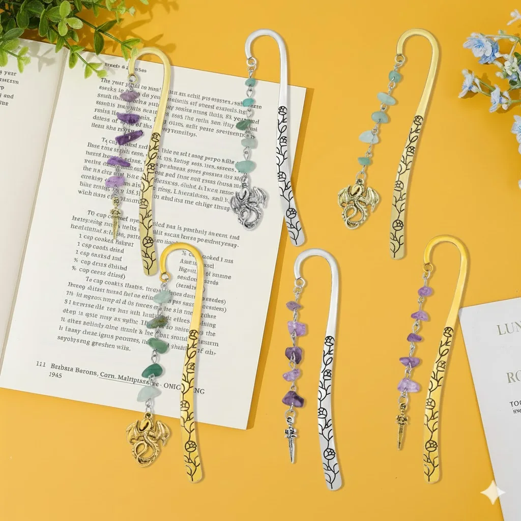 خمر السيف التنين المرجعية المعدنية مع حبات اليشم الذهب/الفضة مجنح التنين كتاب علامات الخيال الأدبي هدية للقراء Boo #5