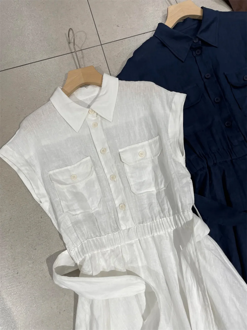 Women's Clothes Linen Sleeveless Dress Belted Waist Fashion Long Dresses