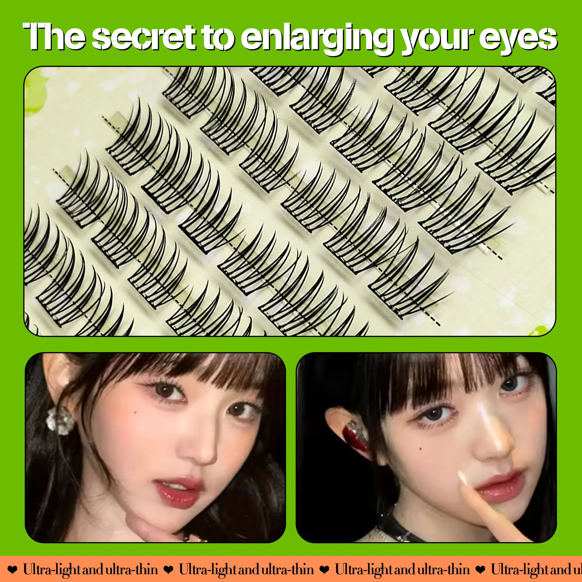 10列の接着剤不要つけまつげ、ナチュラル、フレッシュ、カール、漫画風の目、甘い日常使いのセグメントつけまつげ。