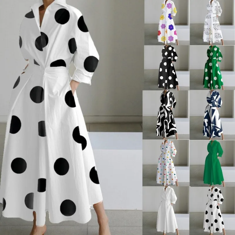 Großformatiges Pendler-Modekleid mit POLO-Kragen Gefüttert Dreiviertelärmel Loses Schwungkleid Sommerkleid für Damen