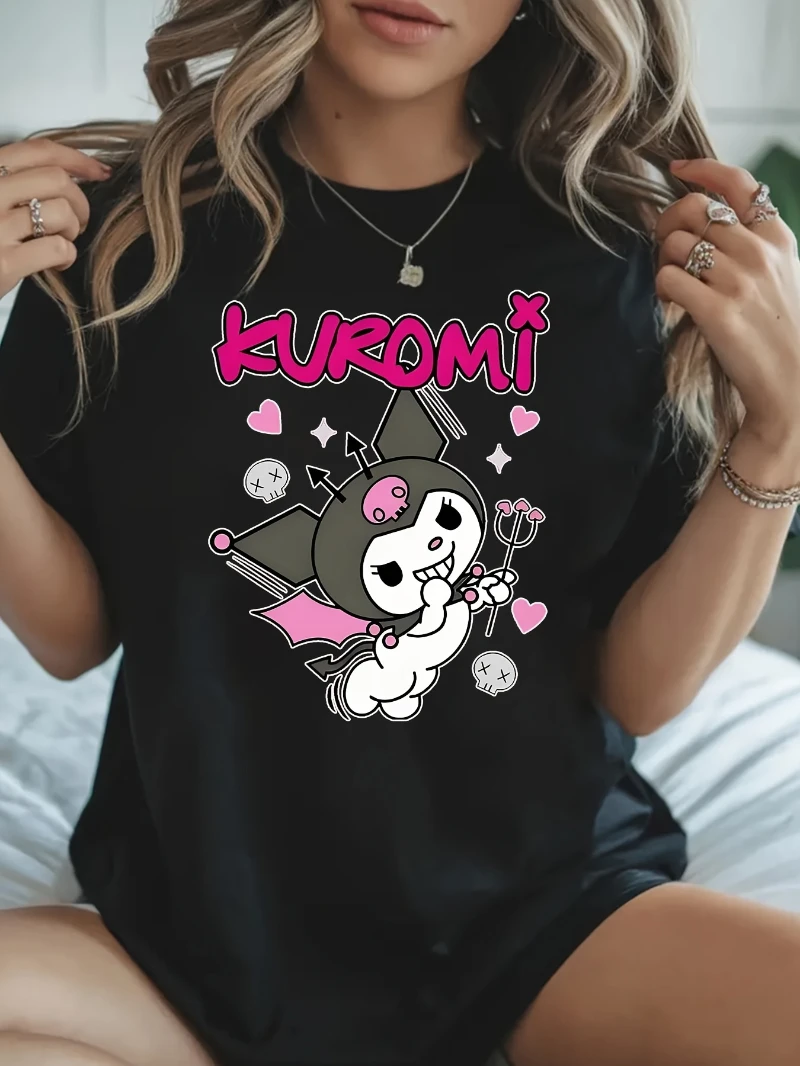 

Женская футболка с узором Samsung for Kuromi — черная повседневная футболка с милым персонажем аниме с розовыми буквами и для Kuromi