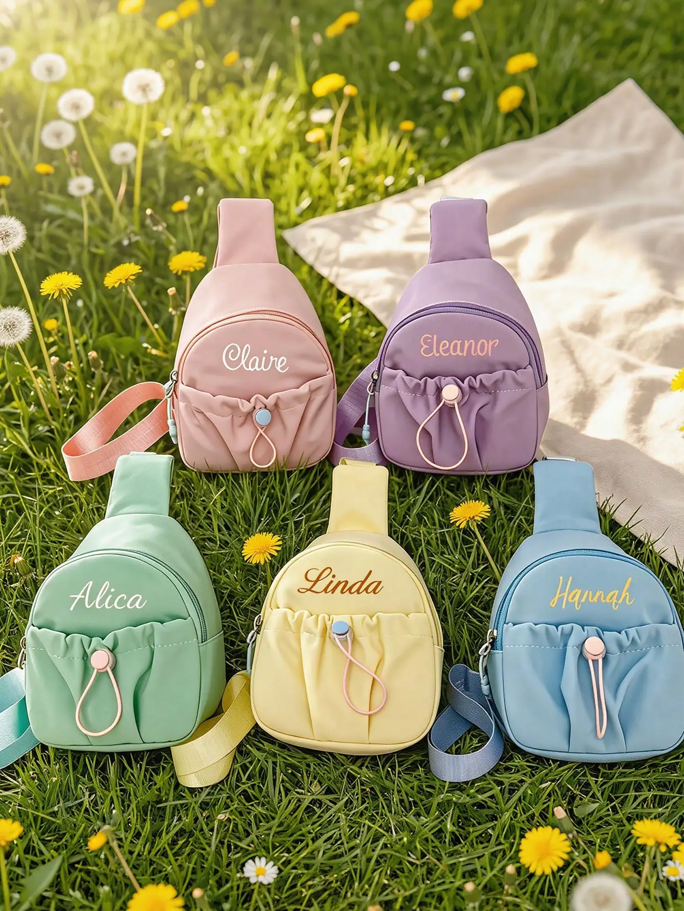 Custom Name Embroidery Mini Sling Bag Cute Candy Color Crossbody Bag for Girls Women Small Drawstring Chest Bag Kids Backpack