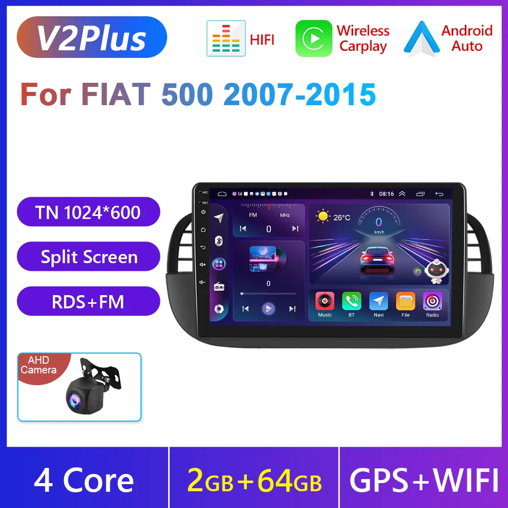 Podofo 2 Din WIFI Autoradio Voor FIAT 500 2007-2015 Draadloze Carplay Android Auto Multimedia Speler Mirrorlink autoradio - afbeelding 1