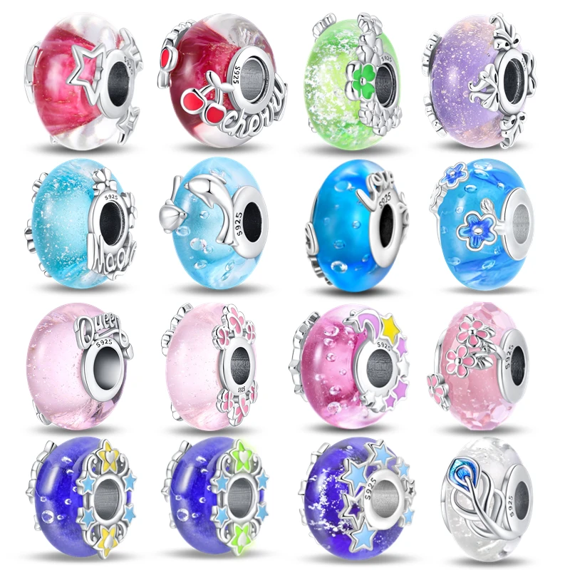 100% 925 Silver Color Charms Dazzing Color Change Flower Star Cherry Beads Fit 3mm Bracelet DIY Fine Jewelry Making