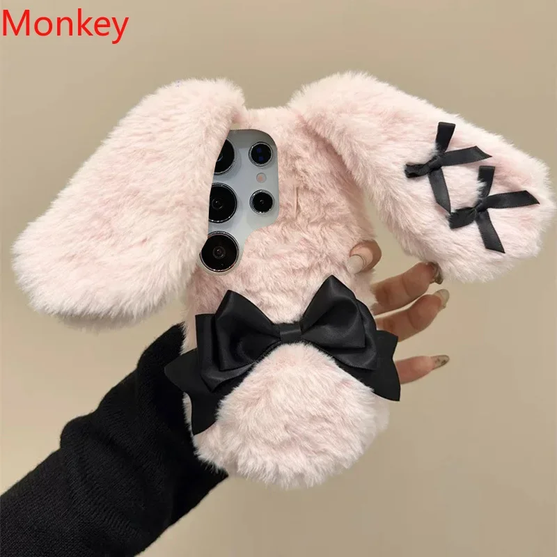 Cute Bow Fluffy Hairy Rabbit Ears Doll Animal Case For Samsung Galaxy S26 Ultra S25 FE A07 A17 A37 A57 M17E M16 M36 M56 Fur Case