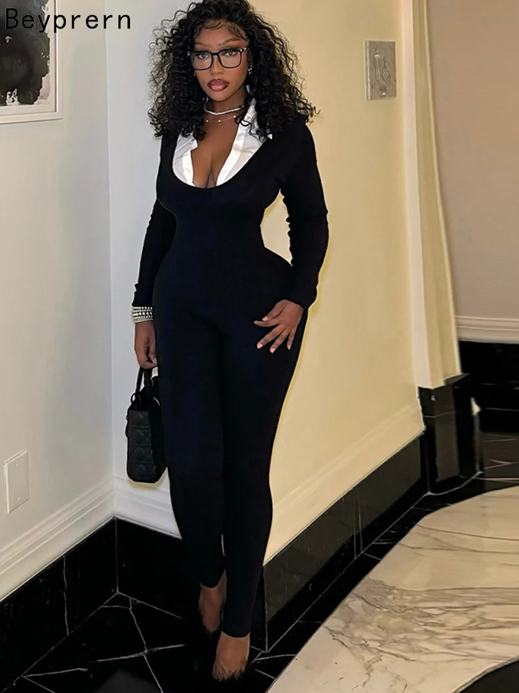 

Bonnie Forest женский сексуальный облегающий комбинезон в стиле пэчворк с воротником с лацканами и длинными рукавами цельная одежда уличная одежда узкие комбинезоны комбинезон