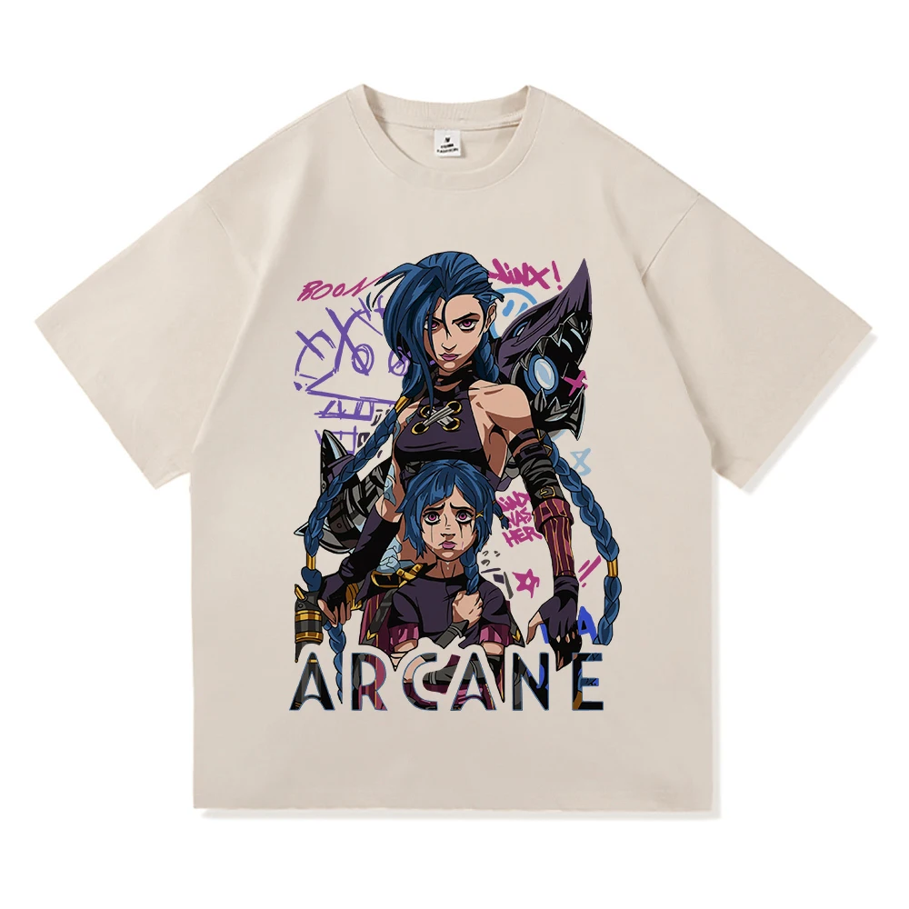 Arcane Caitlyn T Shirt Fashion Men Aesthetic Anime Vi Jinx T-Shirt Unisex High Quality Cartoon Casual Vintage Cotton Tees Shirts