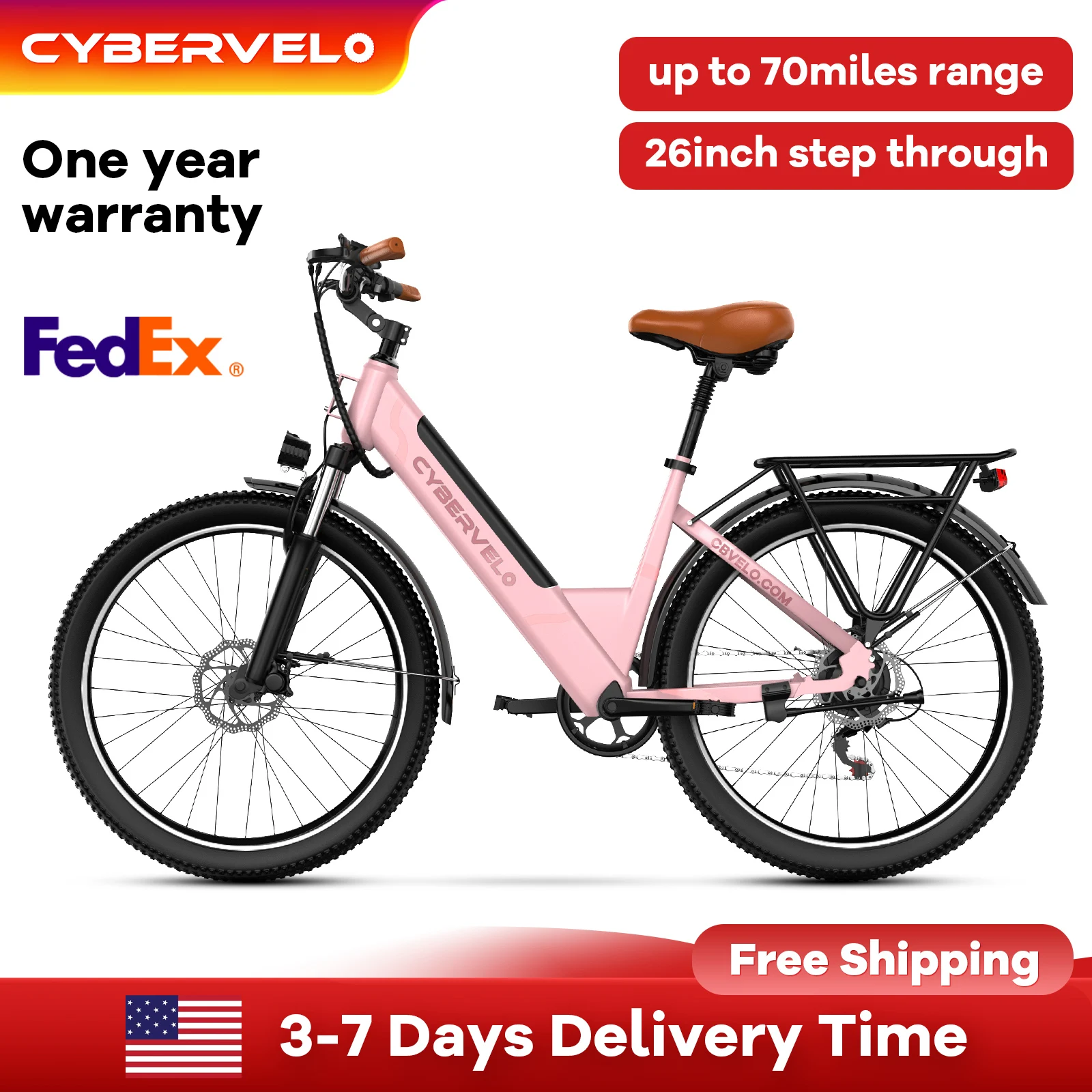 

Cybervelo 1000W Peak Step-through electric bike for adult , 48V 14Ah bulit-in battery, 7 speed shift city travel n commute EK2