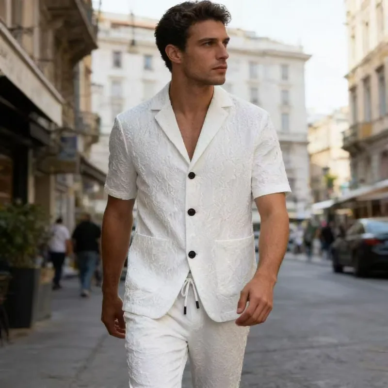 

KIDWHXR Summer Man Suit Set Korean Thin Slim Short Sleeve Male 2-piece Outfit Men Single-breasted Blazer Elastic Waist Pant