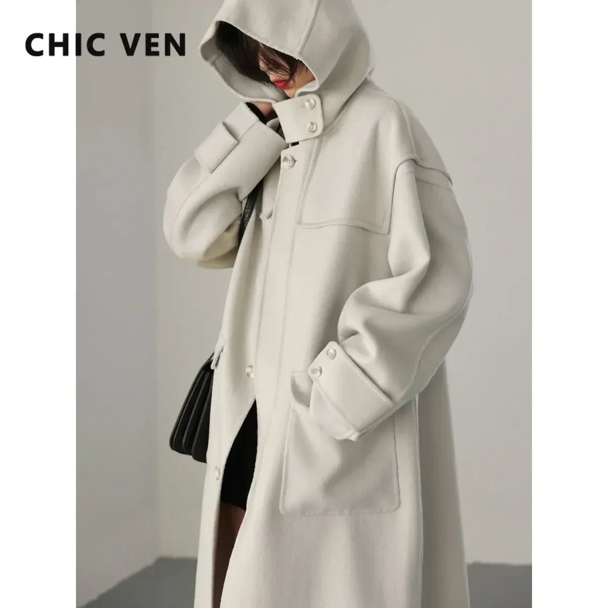 CHIC VEN Fashipn Women's Long Coats Single Breasting Casual Loose Hooded Wool Blends Overcoat Female Tops Autumn Winter 2023