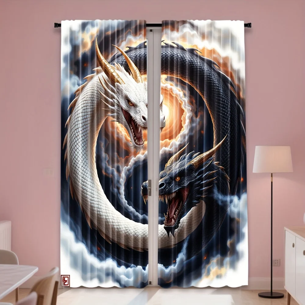 Chinese Dragon Curtains, Yin Yang Mythical Beast Print Blackout Drapes, Oriental Fantasy Decor for Living Room Bedroom Window
