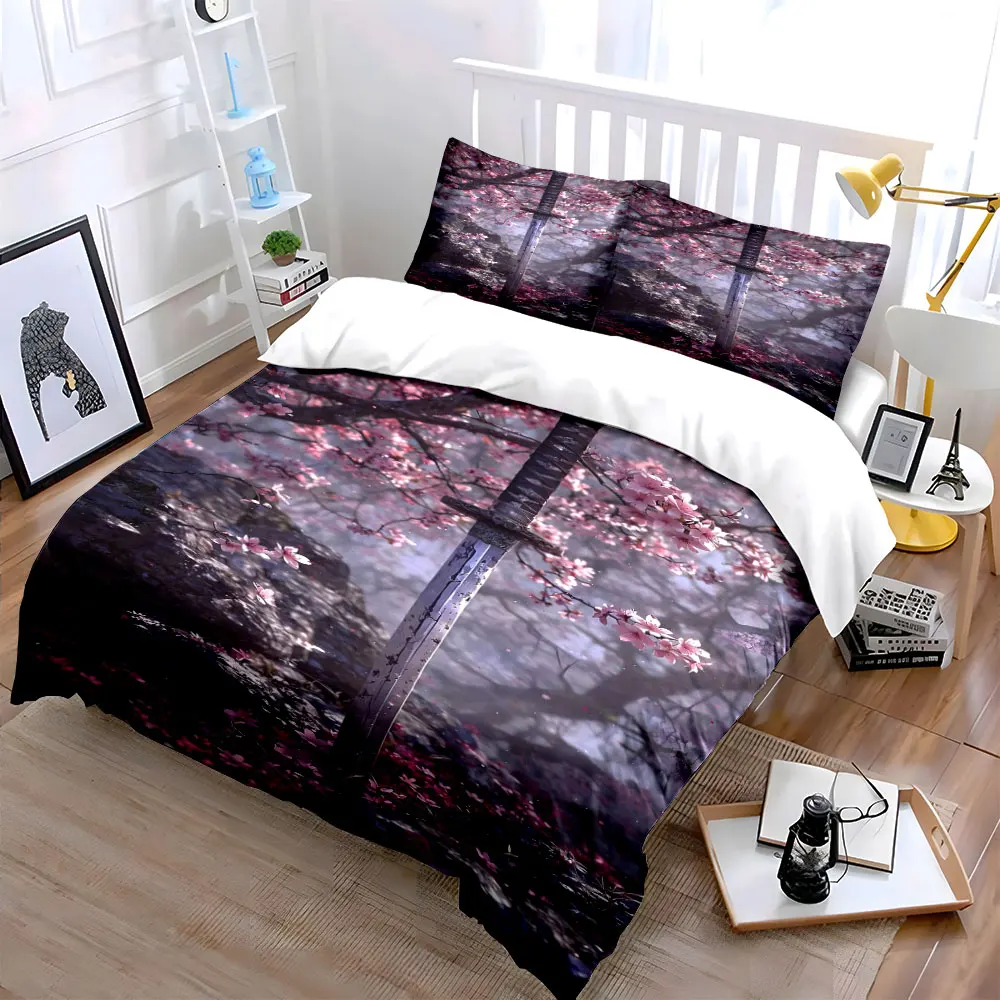 Cherry Blossom Katana Decor Set Soft Skin-Friendly Bedding Set Includes 1 Duvet Cover And 2 Pillowcase, Gift