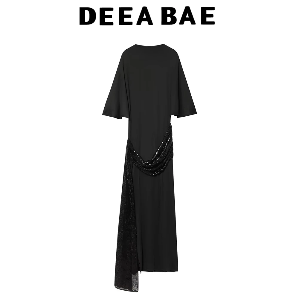 เดียบาเอ ชุดเดรสผู้หญิงสไตล์เรียบง่ายมาก คอตั้ง แขนสั้นทรงหลวม ประดับลูกปัด พร้อมเข็มขัดแฟชั่น ความยาวปานกลาง