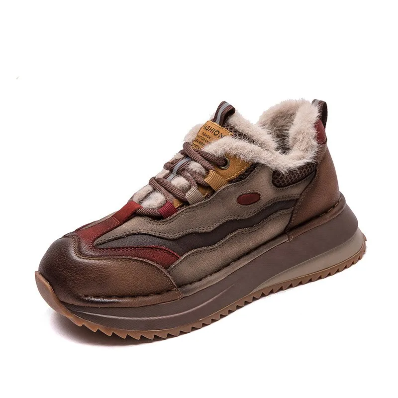 

2025 женская зимняя теплая обувь ручной работы из натуральной коровьей кожи в стиле ретро на плоской платформе, разноцветная повседневная женская обувь на меху на шнуровке