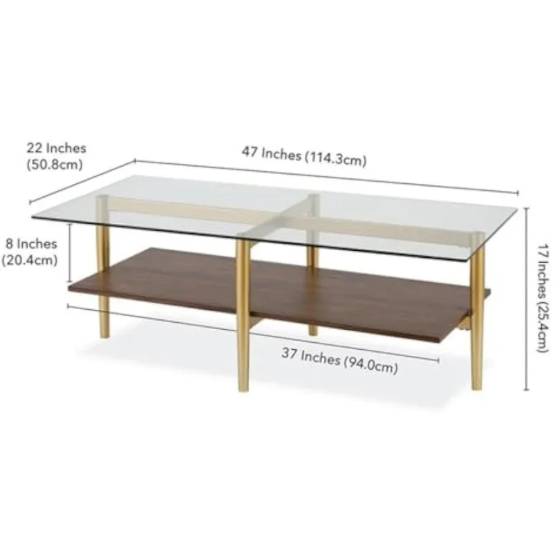 Mid-Century Brass Metal Rectangle Coffee Table and Walnut Wood Shelf, Weight capacity can support up to 60 LBS.