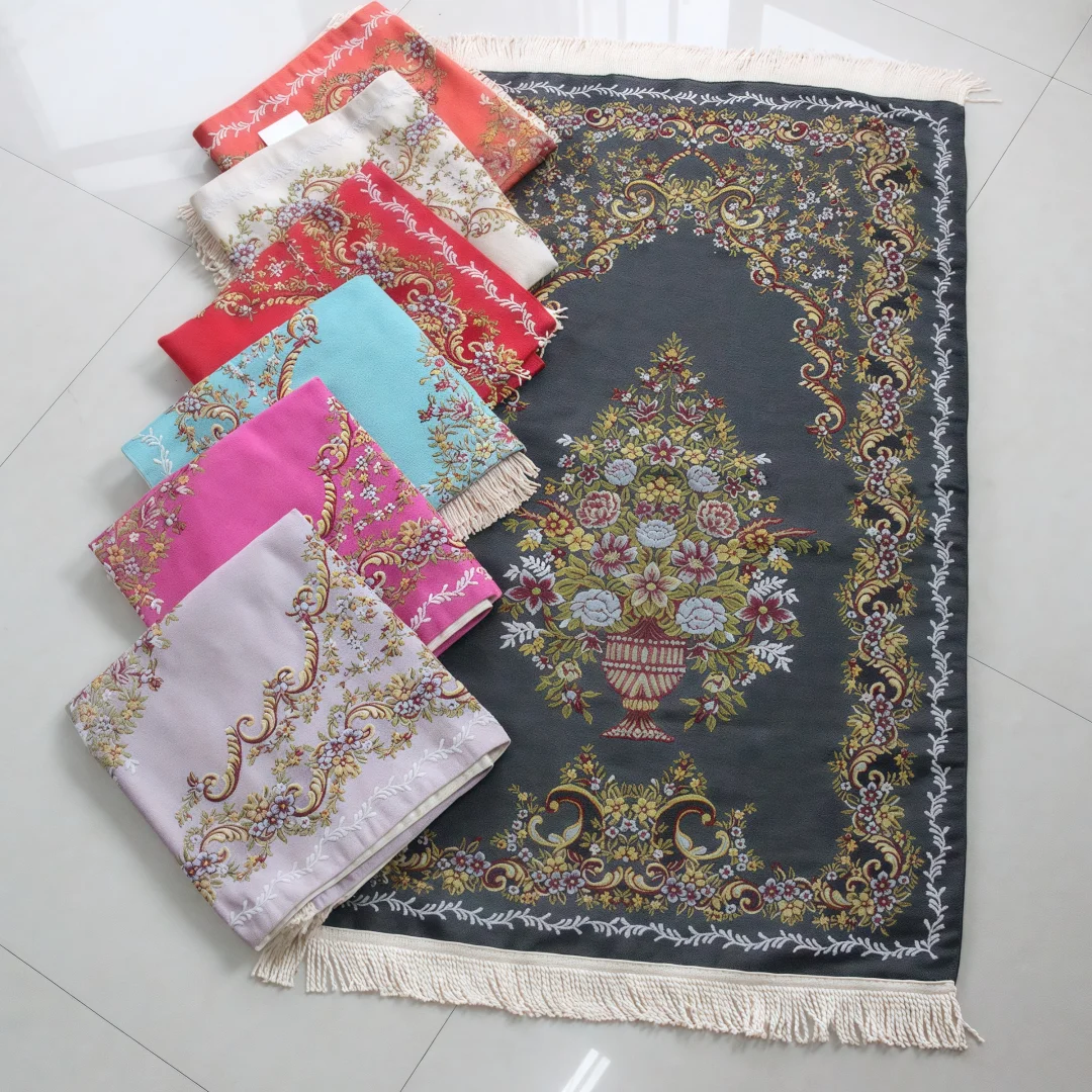 Light Luxury Imitation Silk Prayer Rug, 3D Flower Basket Embroidery Craft, Smooth Fabric, Prayer Mat Specially for Adults