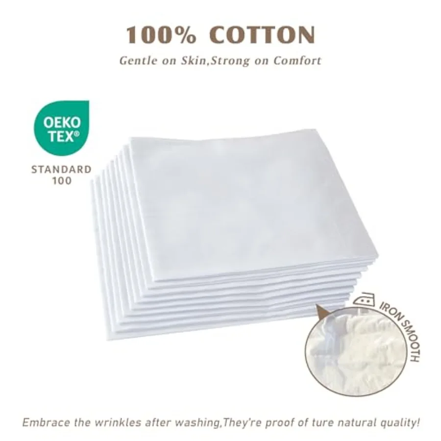 100 Soft Cotton Men's Handkerchiefs White Hankie Pack of 12 Pieces for Formal Wear Business Meetings and Daily Use with Premium