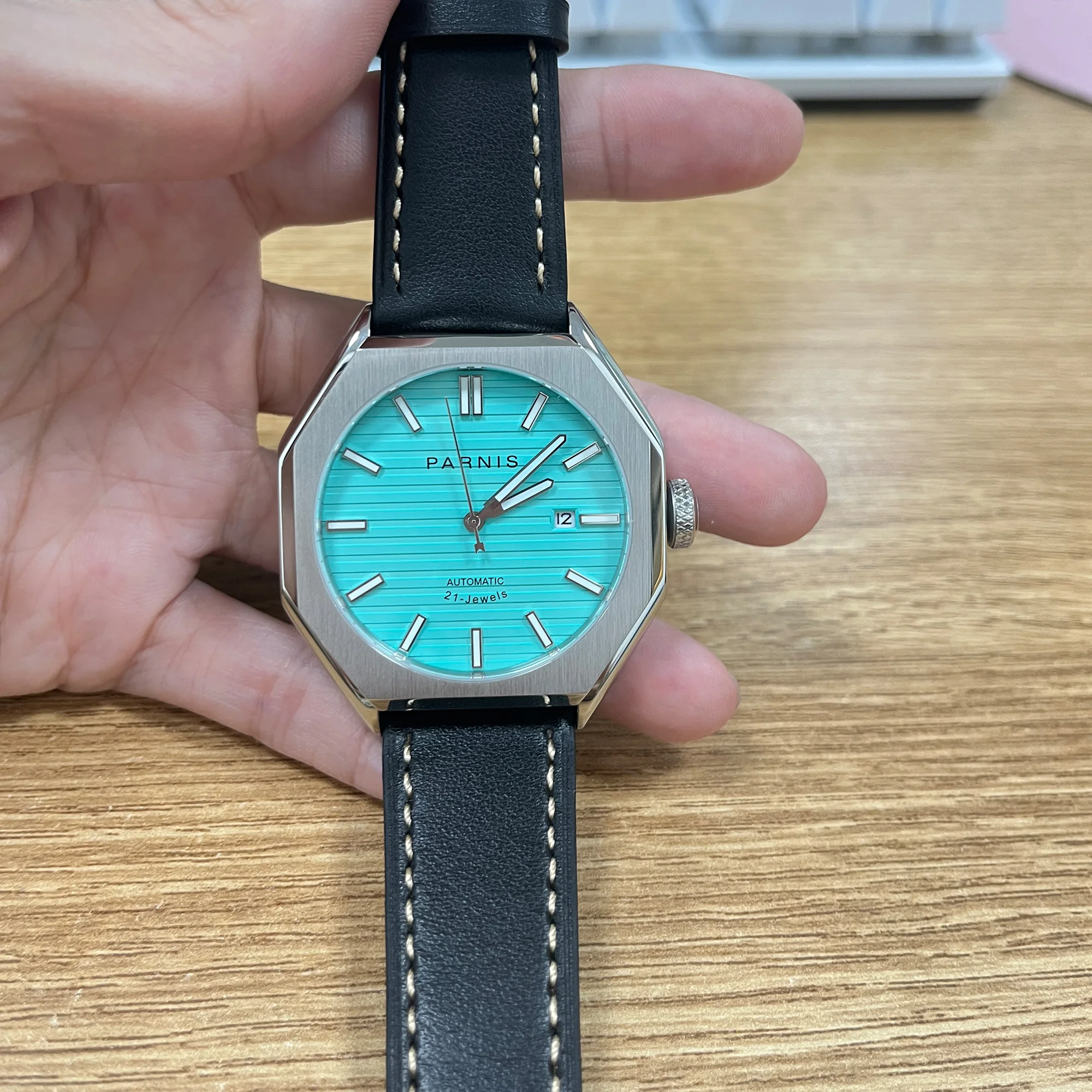 

Роскошные часы Parnis 43 мм, механические автоматические мужские часы, водонепроницаемые наручные часы 50 м, кожаный ремешок, календарь, сапфировое стекло, мужские часы