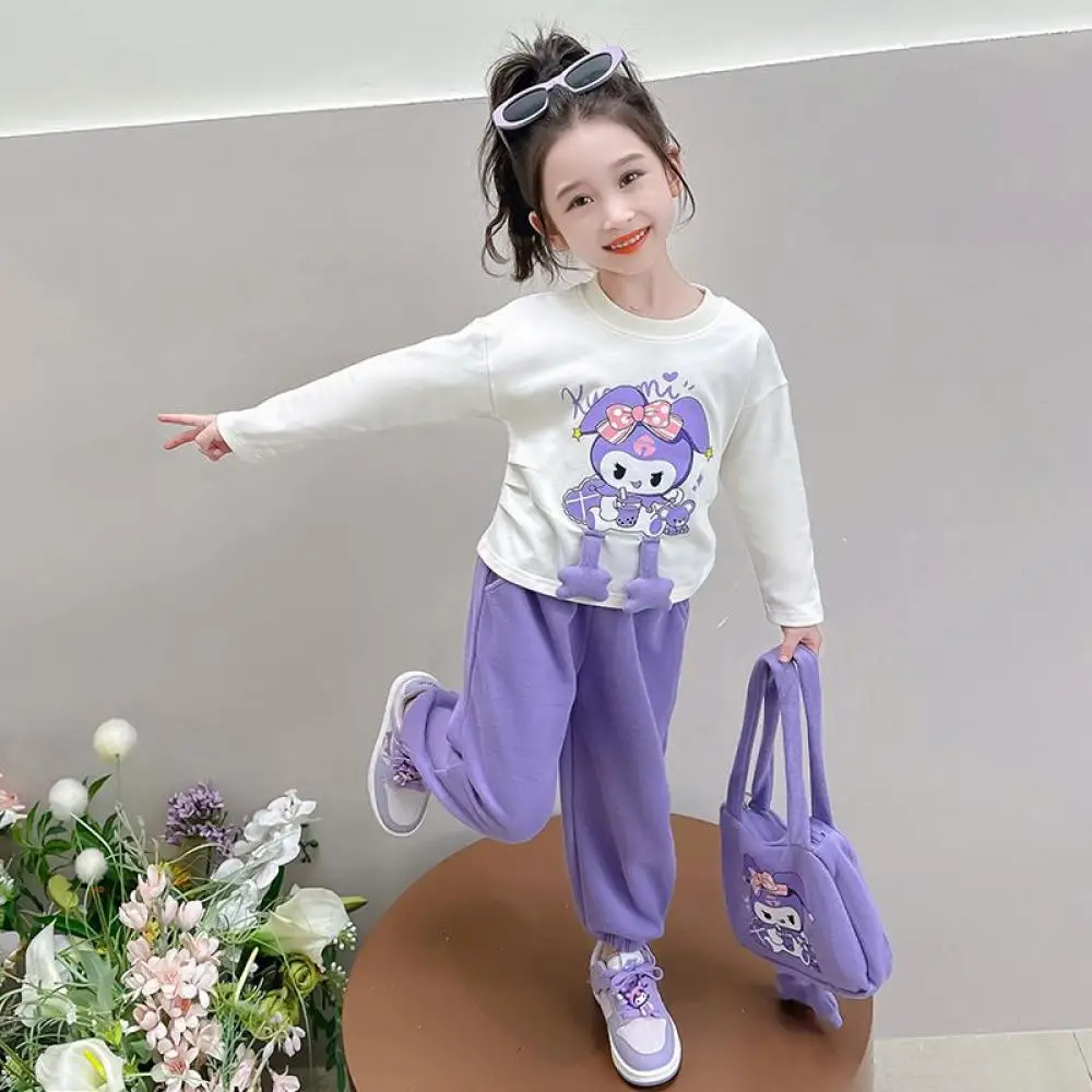

2Pcs Kuromi Children Cartoon Girl Spring Set Kawaii Sanrio Anime Fashion Motion Autumn Leisure Set Princess Style Clothing Gift