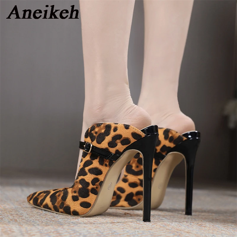 Aneikeh 2024 Spring Leopard Print New Stiletto Shoes Mules Pumps Heels Sexy Ladies Fashion High Heeled Nightclub Shoes 35-42