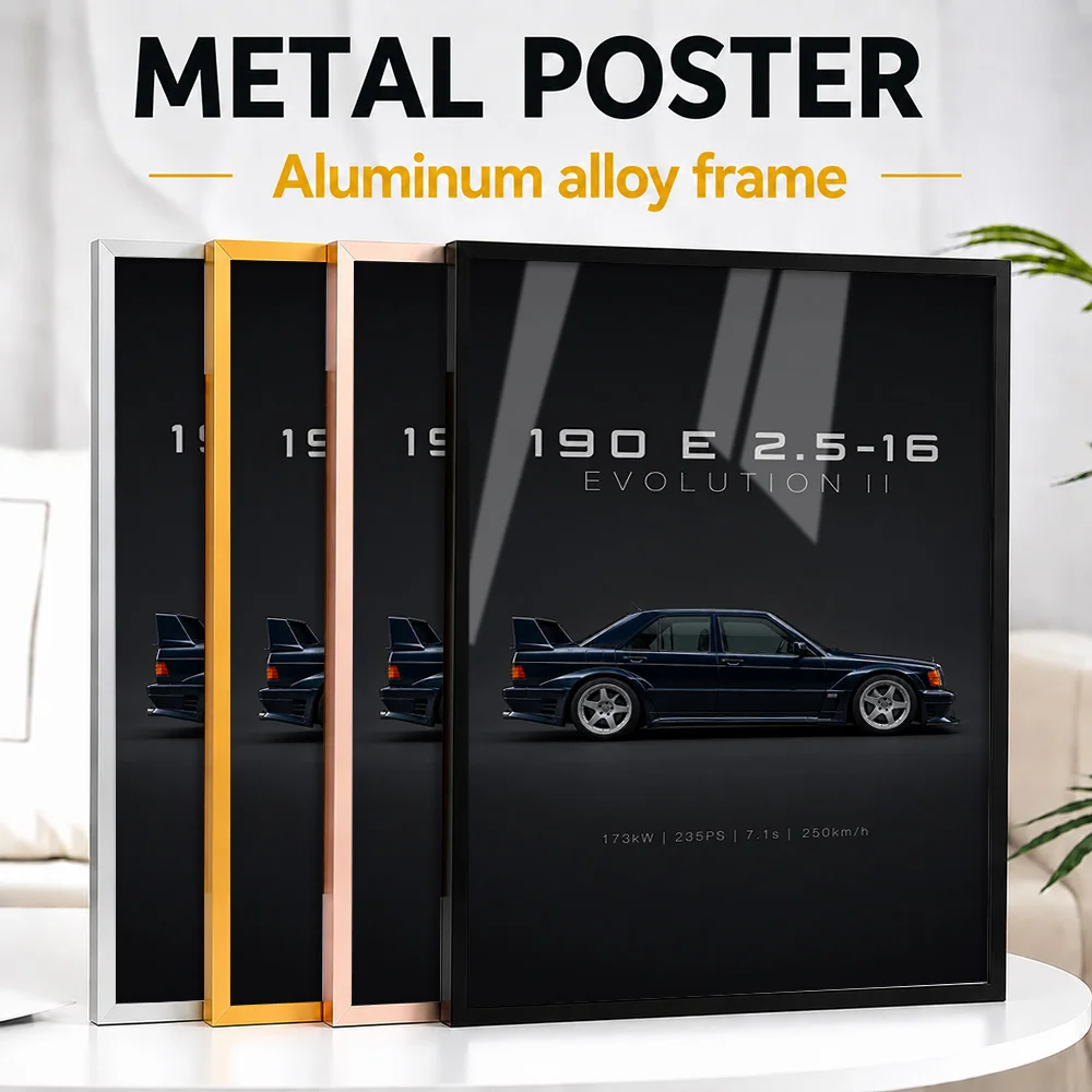 German 190 E 2.5-16 Evolution II Blue Black Metallic Sports Car Framed Metal Print Customized Track Wall Art Perfect In Garage