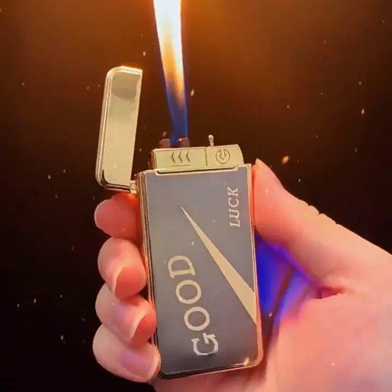 3 in 1 Unusual Butane Gas Lighter Windproof Dual Arc Open Fire Jet Fire Charge One Button Switch Visible Oil Window USB Lighter