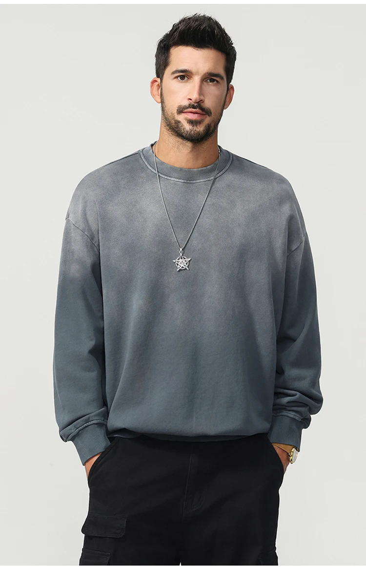 미국 스타일 옴브레 그라데이션 염색 스웨트셔츠 티셔츠 - 남성용 루즈핏 순면 100% 워싱 캐주얼 탑 풀오버 가을용