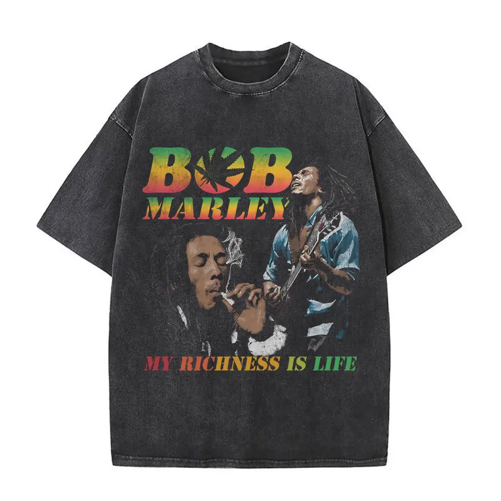 

Washed Vintage Bob Marley My Richness Is Life T-shirt Men Women Casual Oversized T Shirt Men's Fashion Reggae Pop Music T-shirts