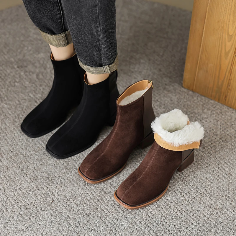 2026 موضة طفل الجلد المدبوغ النساء الكاحل الثلوج أحذية الشتاء عالية الكعب أحذية دافئة جولة تو دراجة نارية عادية أحذية بوت قصيرة 34-40 #5