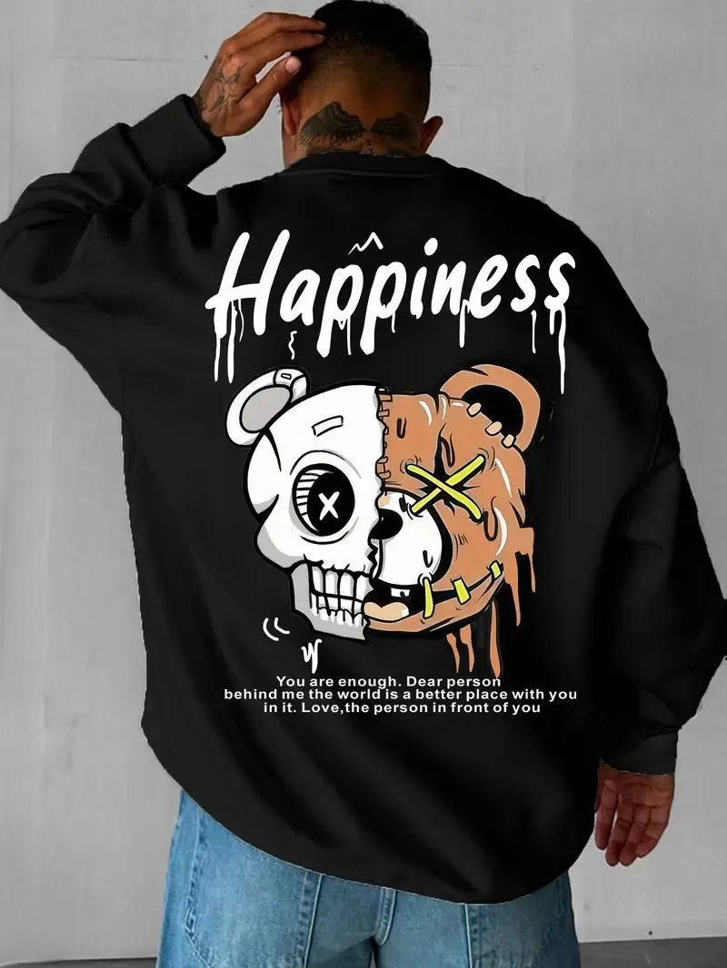 يتميز القلنسوة الرجالية الجديدة ذات الرقبة المستديرة لربيع وخريف 2025 بطباعة دب ثلاثية الأبعاد غير رسمية ومريحة في الشارع