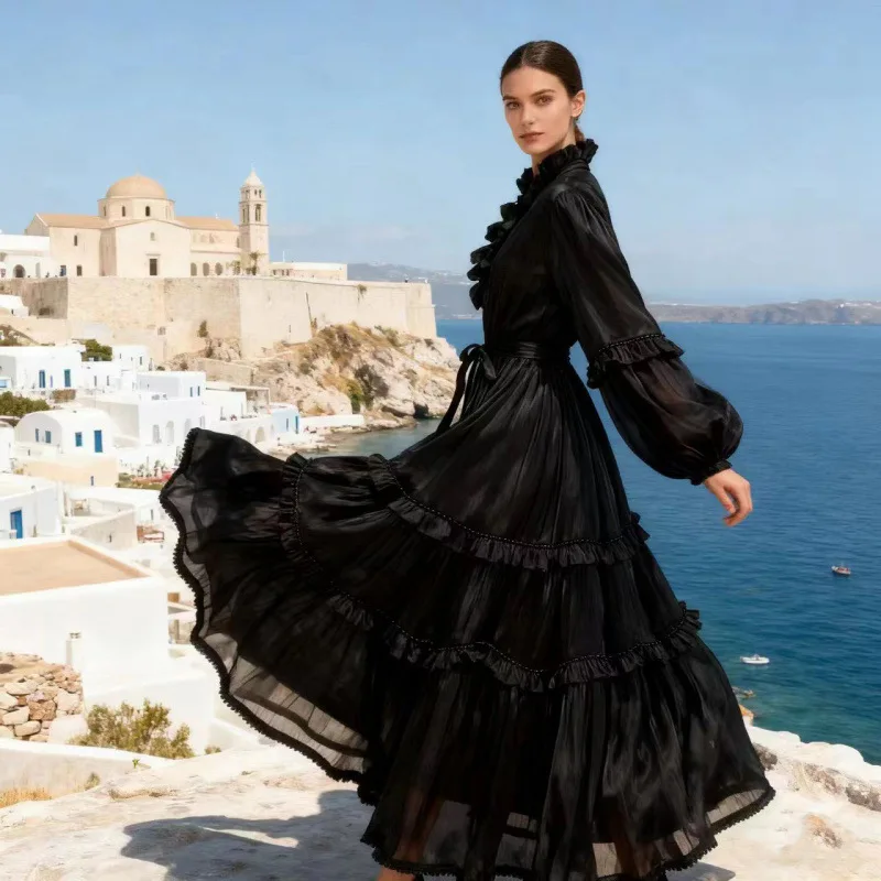 2026 ホリデー スレ フローラルタイ スタンドカラー マルチレイヤー パールレース ラージスイング ピュアカラー レディース ドルベルベット生地 ロングスカート