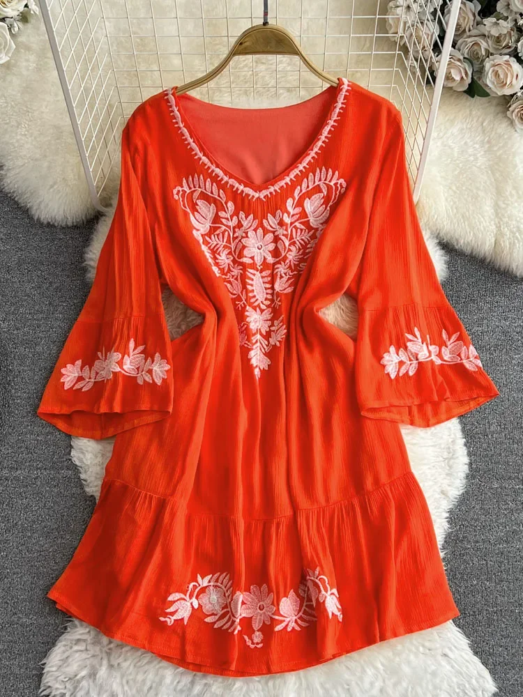 Women Summer Dress Bohemian Ethnic Style Flare Sleeves V-Neck Embroidered Cotton Hemp Waist Leisure Time A-line Dress D4141