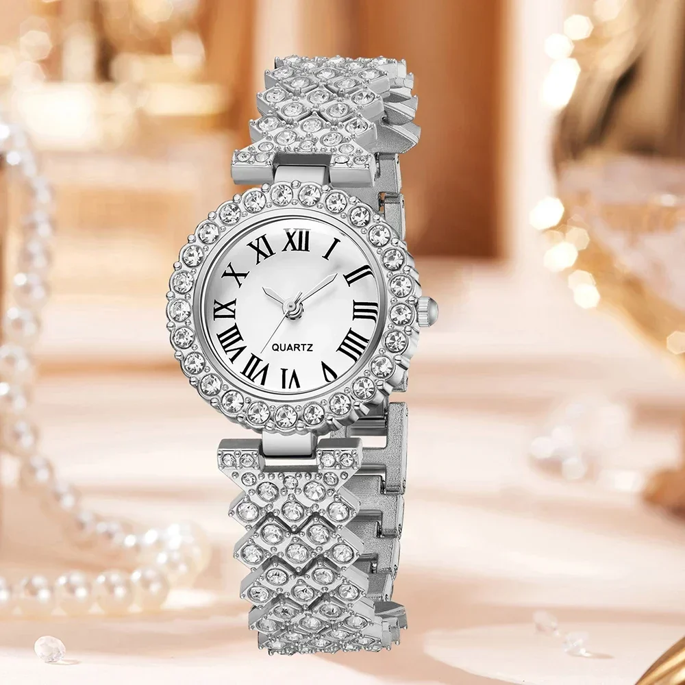 2-piece Ladies' Roman Scale Full Diamond Quartz Watch Heart Bracelet Accessory Set Suitable For Daily Wear