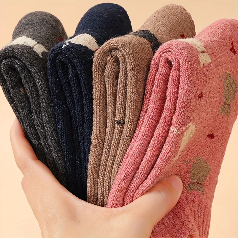 5 أزواج الخريف/الشتاء المرأة لطيف الكرتون القط نمط مطبوعة تنوعا لينة ومريحة منتصف أنبوب الصوف حلقة الجوارب #3