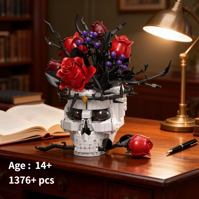 

Gothic Skull Vase Rose Bouquet Building Block Set, 1376+ Pieces, Desktop Ornament & DIY Craft Gift