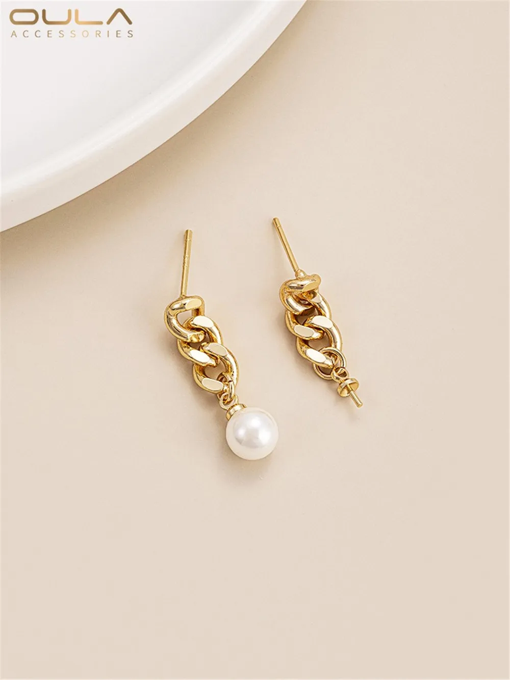 14K Gold-Color Plated Chain Hanging Eye Half Hole Bead Earrings 925 Silver Needle Handmade Diy Sticky Bead Earrings Accessories image 3