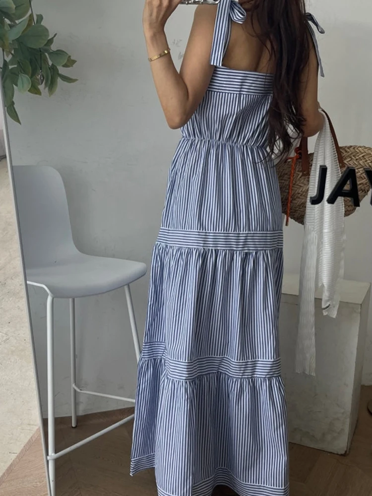 Zomer Streep Band Dr Losse Strand Vaion Fee Rok Hoge Taille A-lijn Jurk Koreaanse Sle No Sve Lange Dr