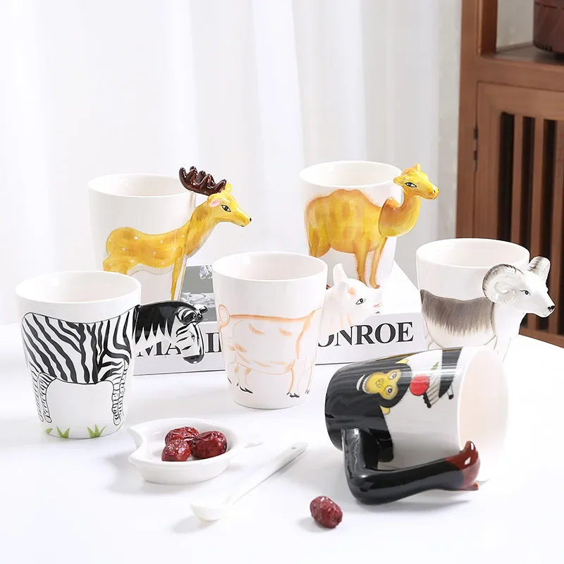 Cartoons Office Ceramic Coffee Cup Milk Mug Tea Drinkware 3D Animal Shape Hand Painted Giraffe Cow Monkey Panda Birthday Gifts