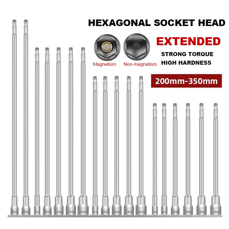 200-350mm Extended Sleeve Magnetic Hexagonal Drill Head Electric Wrench Pneumatic Socket Head Bit 7mm 8mm 10mm 12mm 13mm 14mm