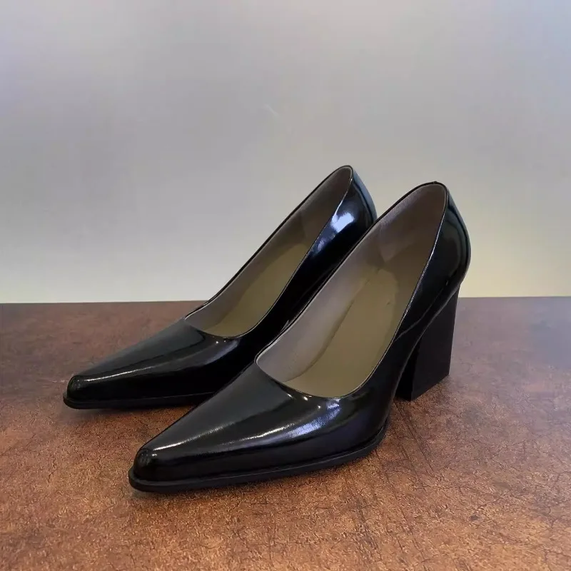 Sexy Women High Heels Elegant Pointed-Toe Chunky-Heel Wedding Shoes Premium Fashion High Heel Pumps Genuine Leather