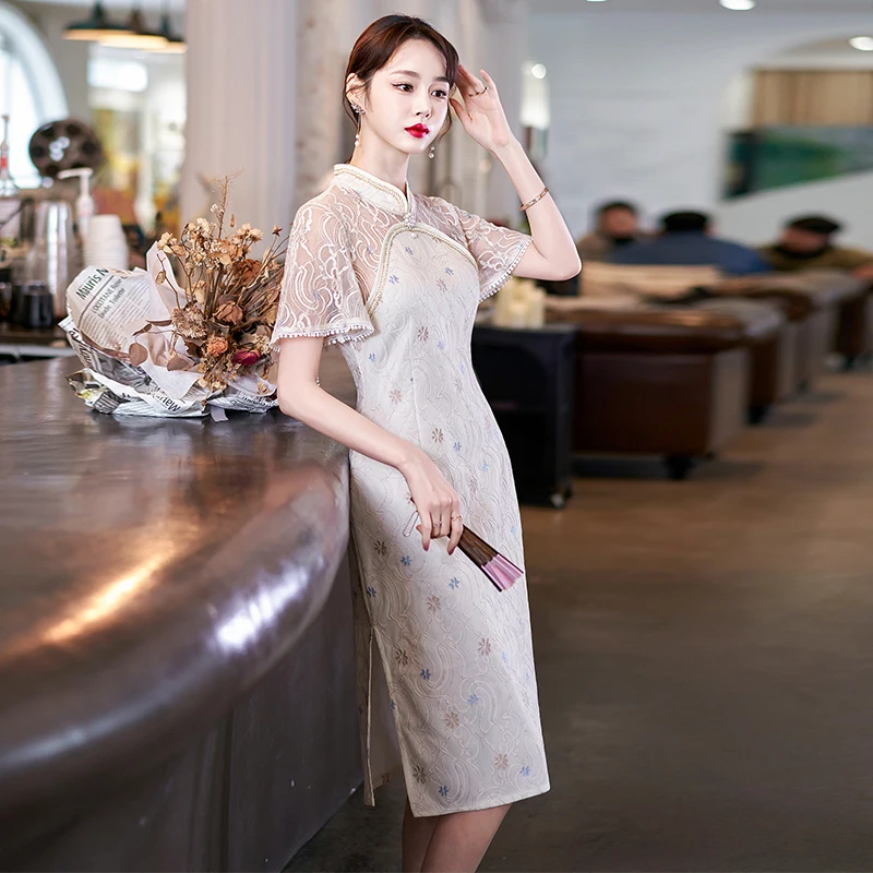 Cheongsam de encaje de manga corta para mujer, vestido chino tradicional, ropa Retro mejorada, nuevo