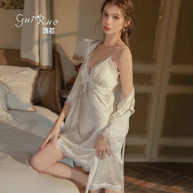 version sweet ice silk satin polka dot printed lace patchwork chest cushion deep V temptation suspender nightgown homewear