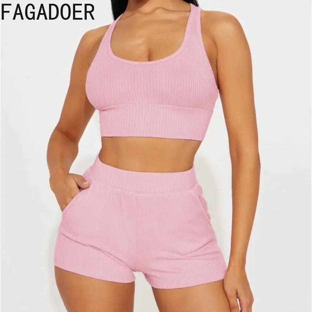 

FAGADOER Pink Casual Solid Sporty Shorts Two Piece Sets For Women Sleeveless Slim Tank Top And Short Outfits Female Tracksuits