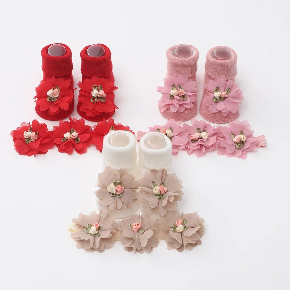 1Set Newborn Floral Headbands Mid Socks New Baby Toddler Soft Prewalker Sock Girl Infant Cute Knitted Cotton Hairband Socks