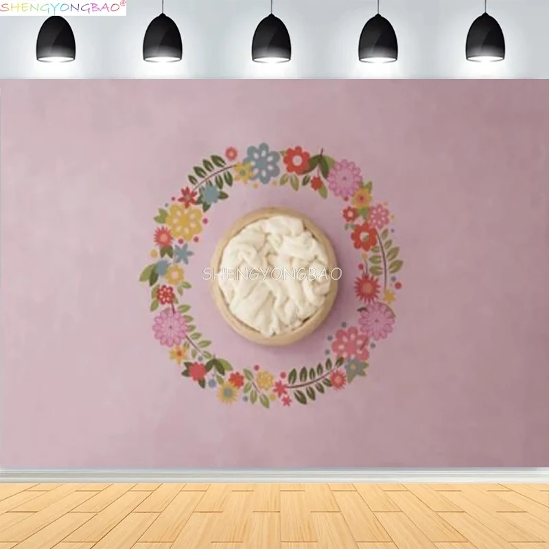 Newborn Backdrop For Photography Wooden Basket With Soft Stuffing Floral Wreath Background Photo Studios Prop YM-03